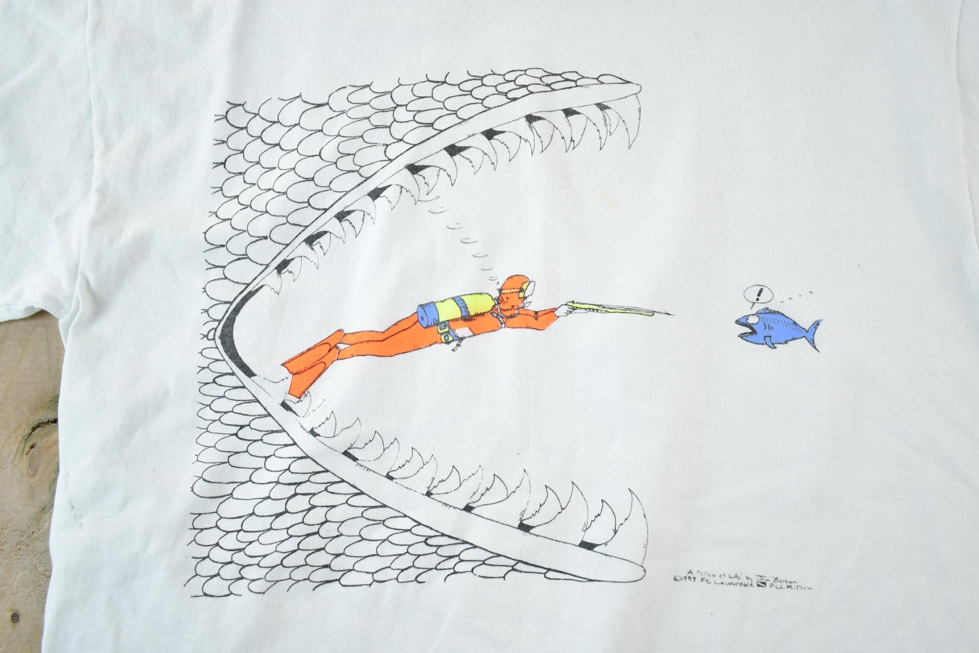 Vintage 1990s Spearfishing Cartoon Souvenir Touch Of Gold Single Stitch Graphic Print T-Shirt Men's Large from propervintagecanada