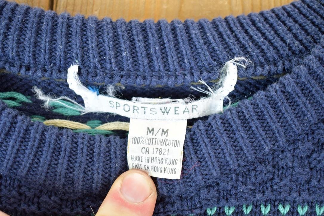 Vintage 1990s Sportswear Chunky Knit Abstract Pattern Crewneck Sweater Made In 90s Crewneck 100% Cotton Men's Medium from propervintagecanada