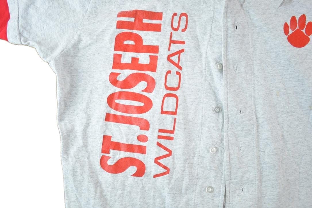 Vintage 1990s St Josephs Wildcats Baseball Style Signal Sports Button Up Souvenir Single Stitch Graphic Print T-Shirt Made In USA Men's XL from propervintagecanada