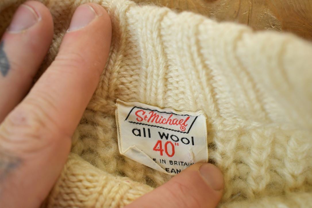 Vintage 1990s St Michael 100% Cable Knit Wool Knit Sweater Men's Large from propervintagecanada
