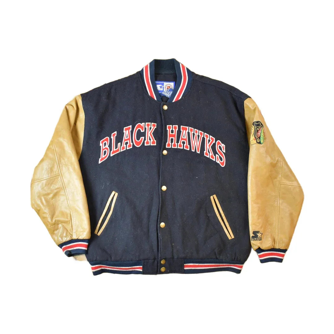 Vintage 1990s Starter NHL Chicago Black Hawks Hockey Wool Varsity Jacket from propervintagecanada