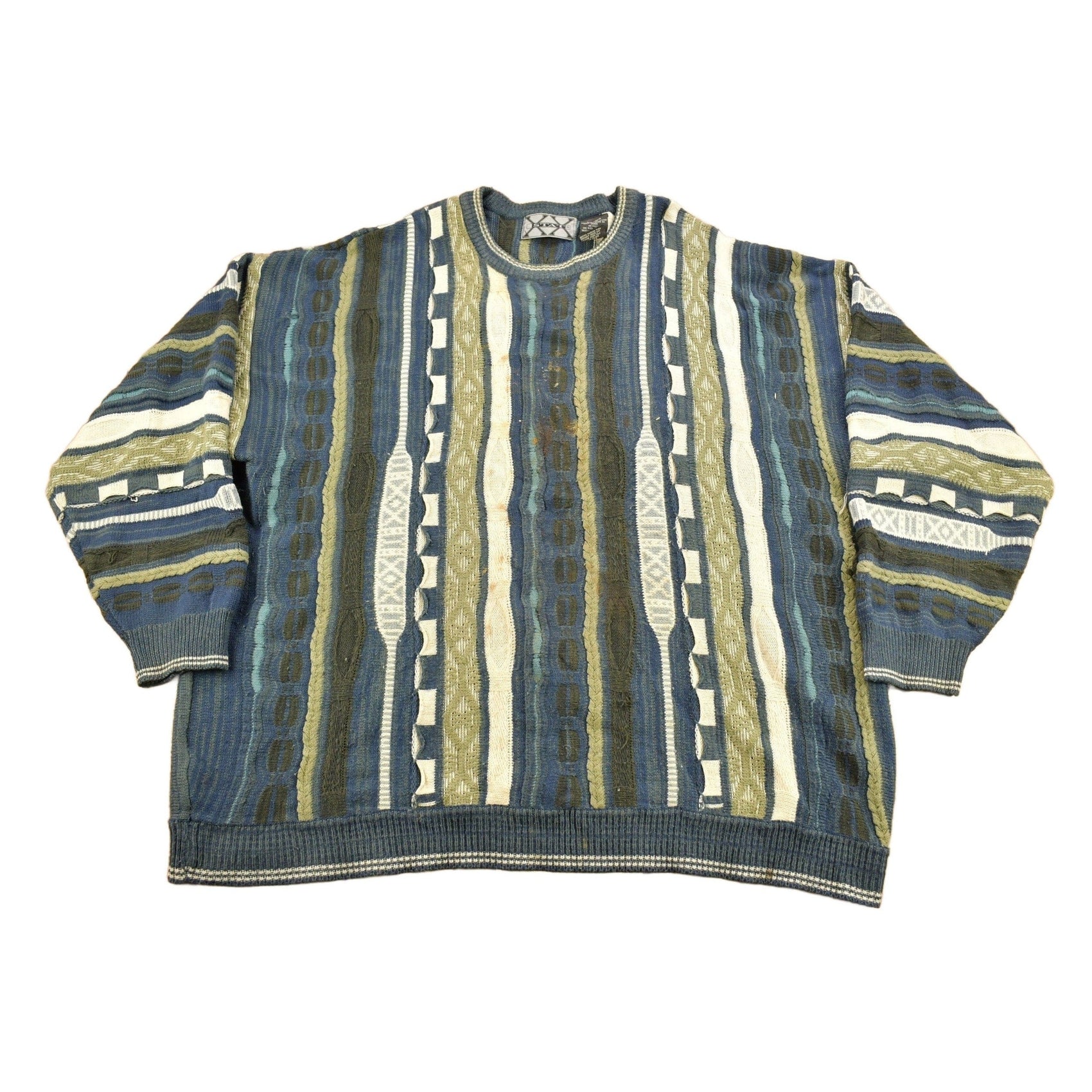 Vintage 1990s STAT 3D Colored Cable Knit Crewneck Sweater Men's 3XL from propervintagecanada