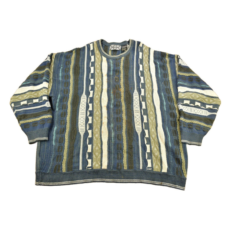 Vintage 1990s STAT 3D Colored Cable Knit Crewneck Sweater Men's 3XL from propervintagecanada