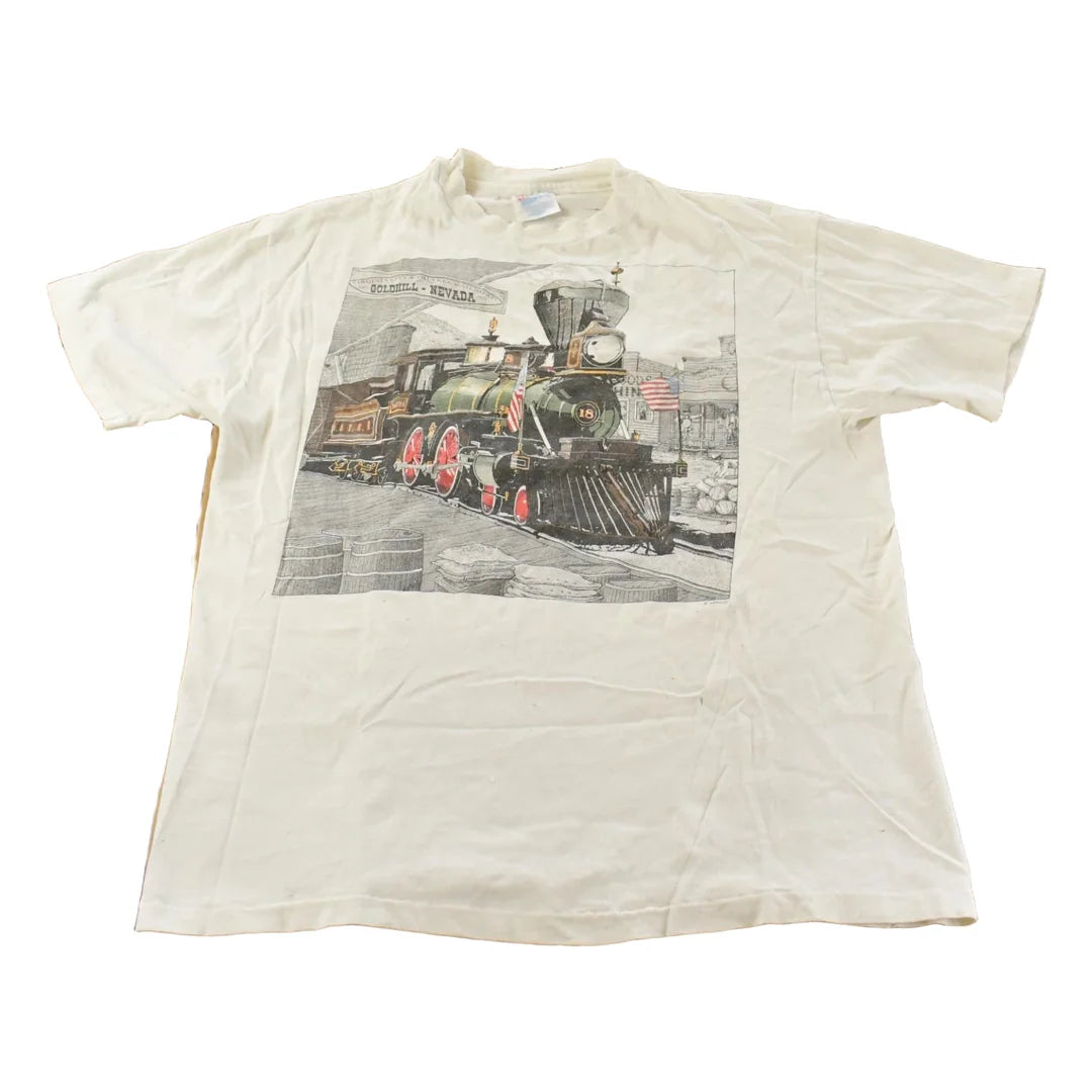 Vintage 1990s Steam Engine Train Souvenir Single Stitch Graphic Print T-Shirt Men's L from propervintagecanada