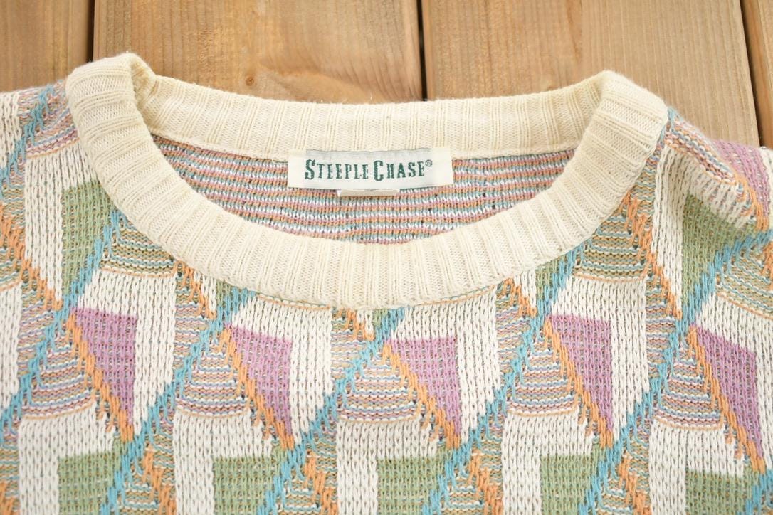 Vintage 1990s Steeple Chase Knitted Abstract Crewneck Sweater Men's Large from propervintagecanada