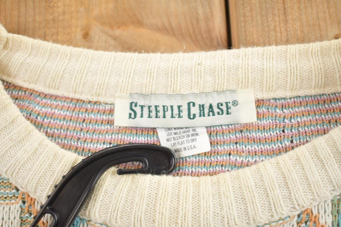 Vintage 1990s Steeple Chase Knitted Abstract Crewneck Sweater Men's Large from propervintagecanada