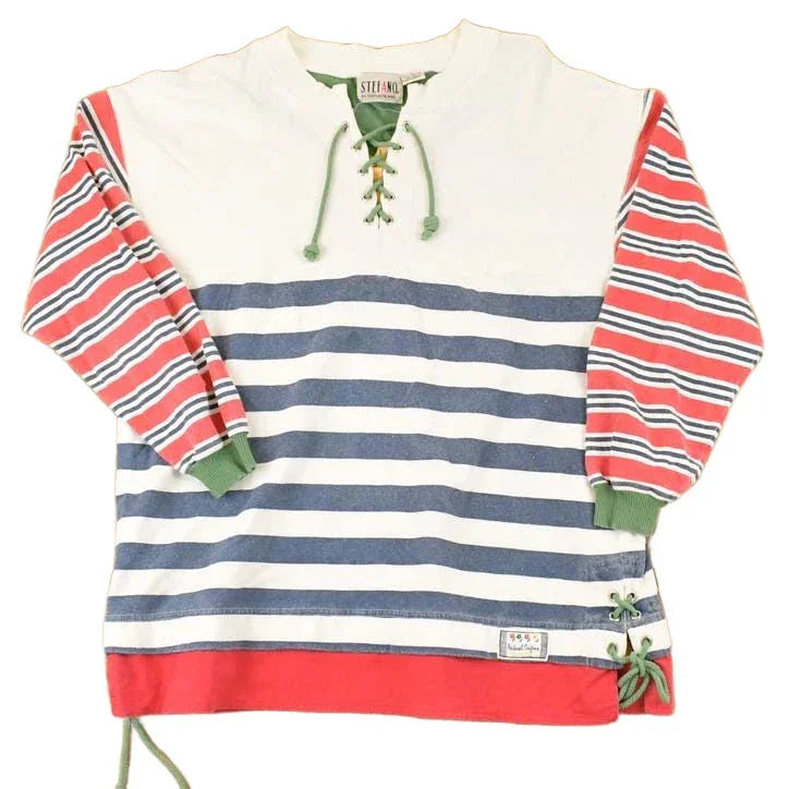 Vintage 1990s Stefani International Unique Striped Tie Up Crewneck Sweatshirt Mens M from propervintagecanada