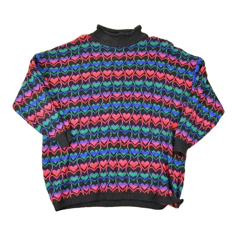 Vintage 1990s Stefano International AOP Rainbow Hearts Knit Crewneck Sweater Womens XL from propervintagecanada