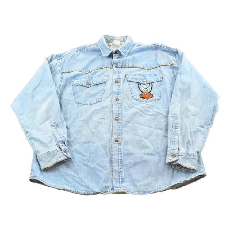 Vintage 1990s Stetson Harley Davidson Embroidered Button Up Denim Shirt Men's L from propervintagecanada
