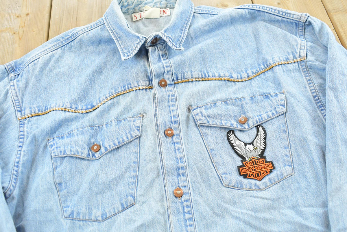 Vintage 1990s Stetson Harley Davidson Embroidered Button Up Denim Shirt Men's L from propervintagecanada