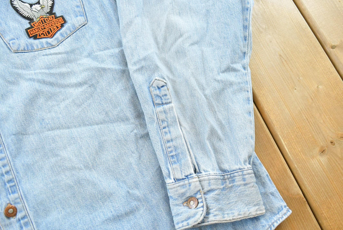 Vintage 1990s Stetson Harley Davidson Embroidered Button Up Denim Shirt Men's L from propervintagecanada