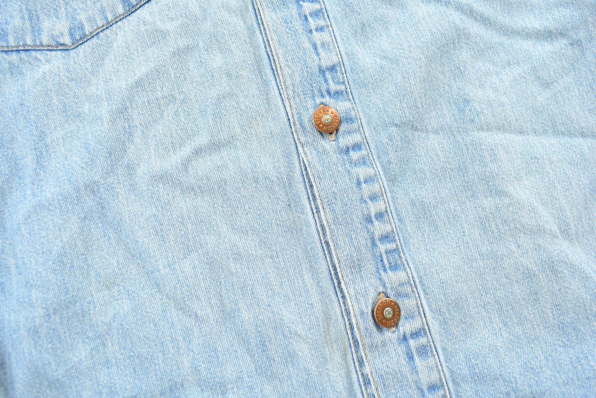Vintage 1990s Stetson Harley Davidson Embroidered Button Up Denim Shirt Men's L from propervintagecanada