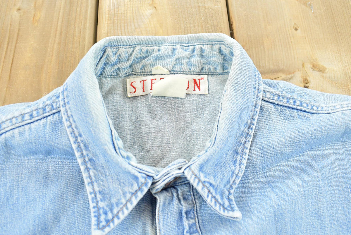 Vintage 1990s Stetson Harley Davidson Embroidered Button Up Denim Shirt Men's L from propervintagecanada