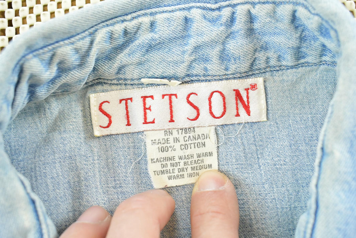 Vintage 1990s Stetson Harley Davidson Embroidered Button Up Denim Shirt Men's L from propervintagecanada