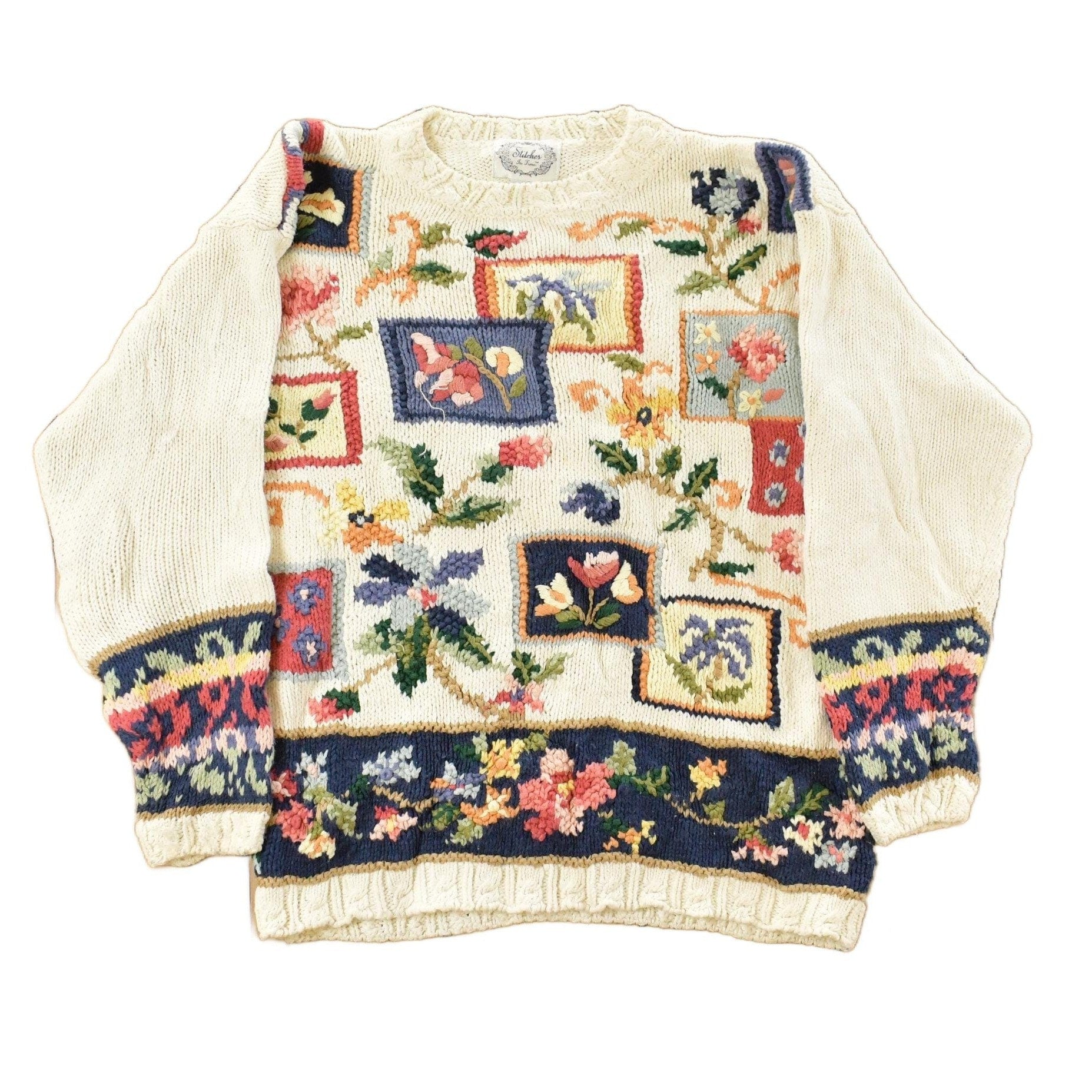 Vintage 1990s Stitches Floral Theme Knit Crewneck Sweater Women's Medium from propervintagecanada