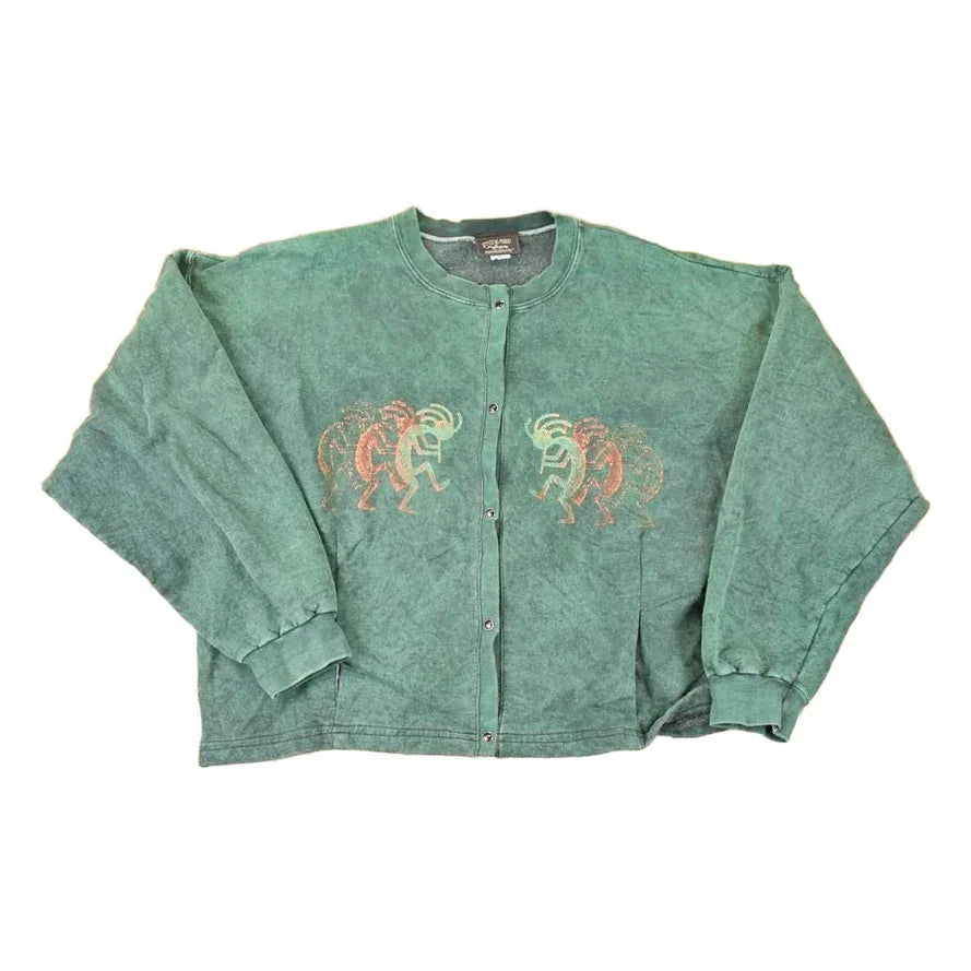Vintage 1990s Stone Aged Rockwear Aztec Button Up Graphic Print Crewneck Sweatshirt Womens L from propervintagecanada