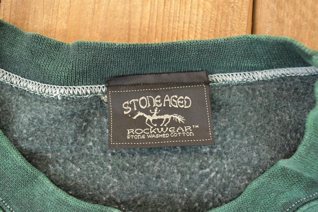 Vintage 1990s Stone Aged Rockwear Aztec Button Up Graphic Print Crewneck Sweatshirt Womens L from propervintagecanada