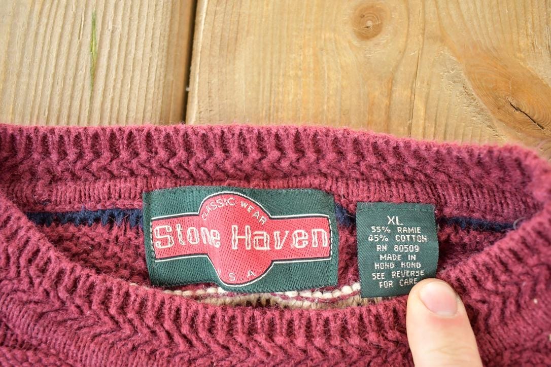 Vintage 1990s Stone Haven Knit Abstract Pattern Crewneck Sweater Men's XL from propervintagecanada