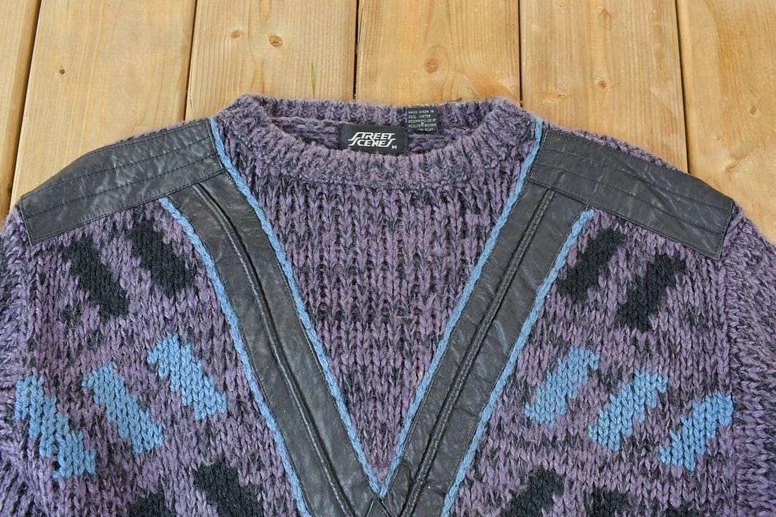 Vintage 1990s Street Scenes Knit Leather Patch Crewneck Sweater Men's Medium from propervintagecanada