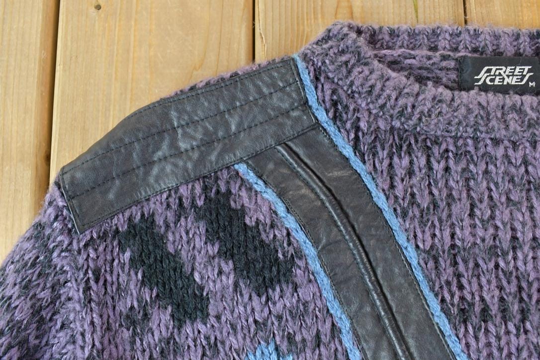 Vintage 1990s Street Scenes Knit Leather Patch Crewneck Sweater Men's Medium from propervintagecanada
