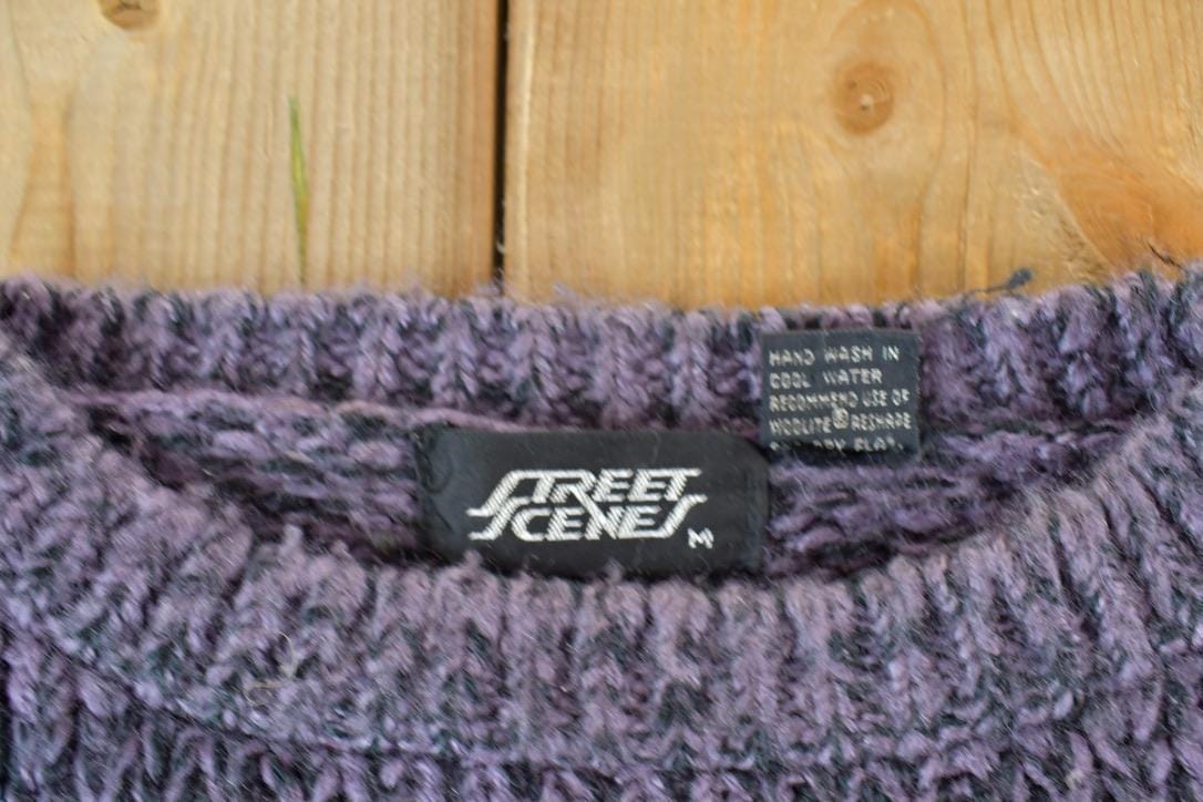 Vintage 1990s Street Scenes Knit Leather Patch Crewneck Sweater Men's Medium from propervintagecanada