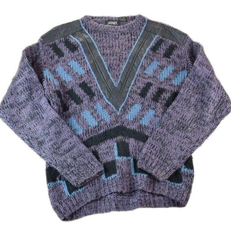 Vintage 1990s Street Scenes Knit Leather Patch Crewneck Sweater Men's Medium from propervintagecanada