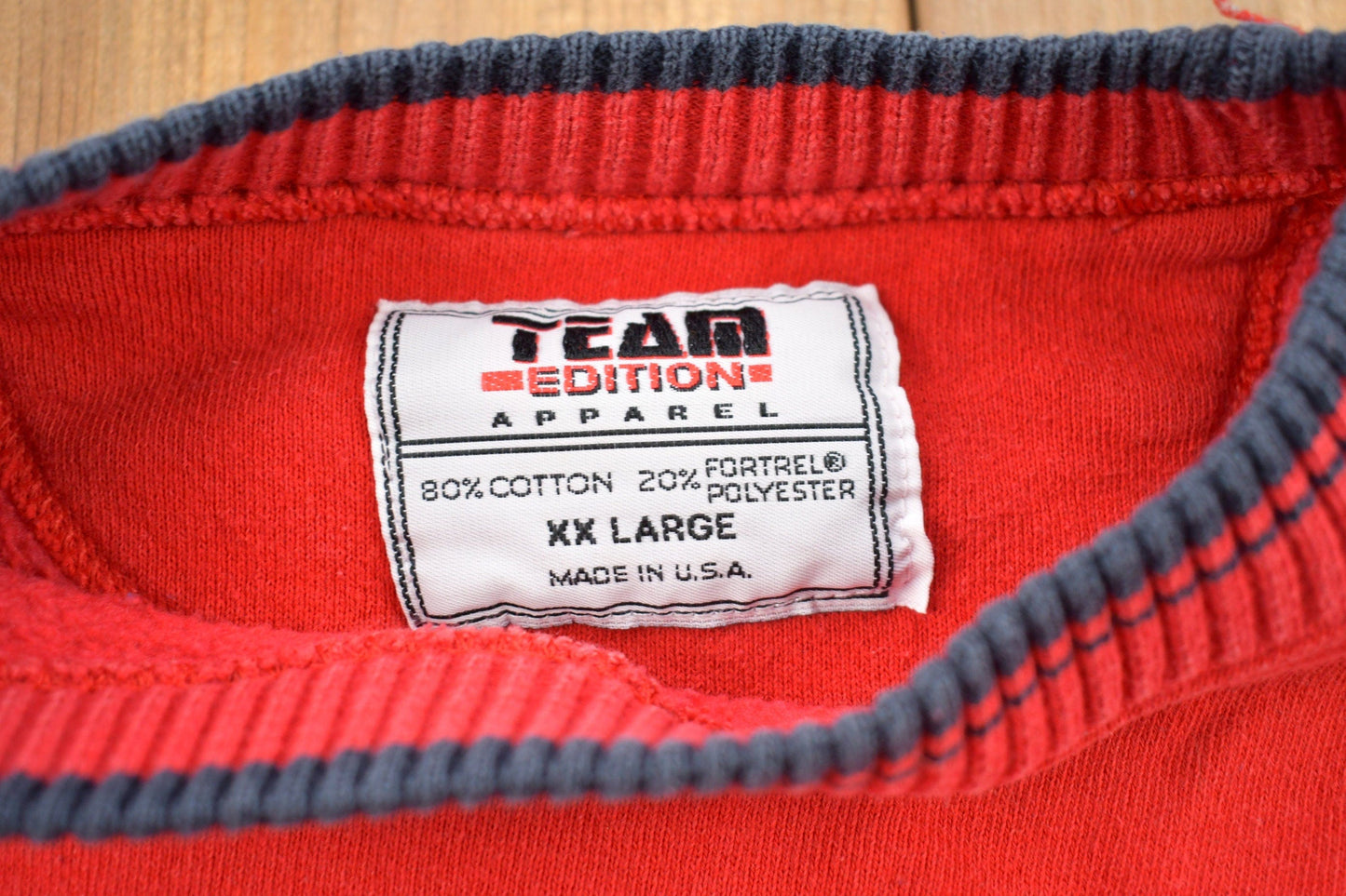 Vintage 1990s Striped Cuff Blank Red Crewneck Sweatshirt Men's 2XL from propervintagecanada