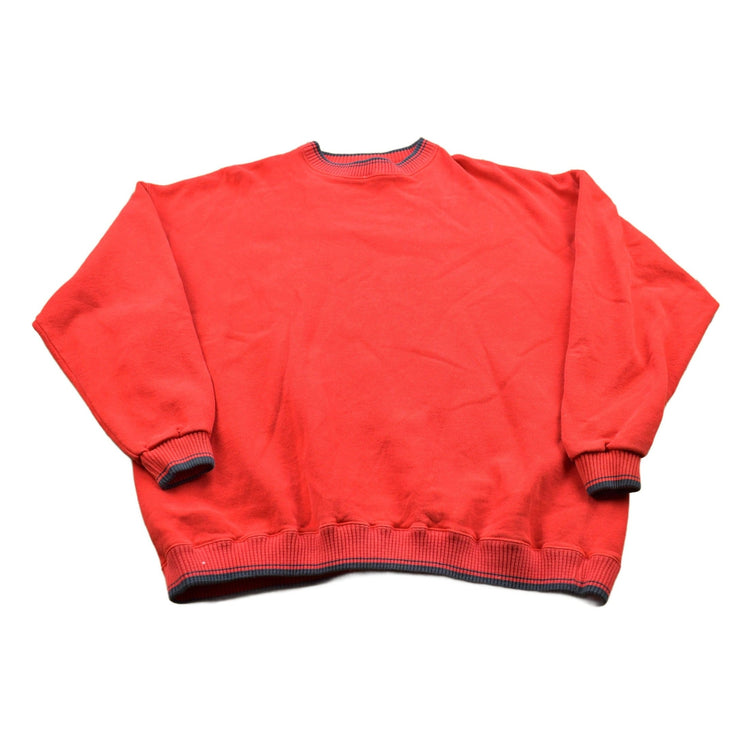 Vintage 1990s Striped Cuff Blank Red Crewneck Sweatshirt Men's 2XL from propervintagecanada