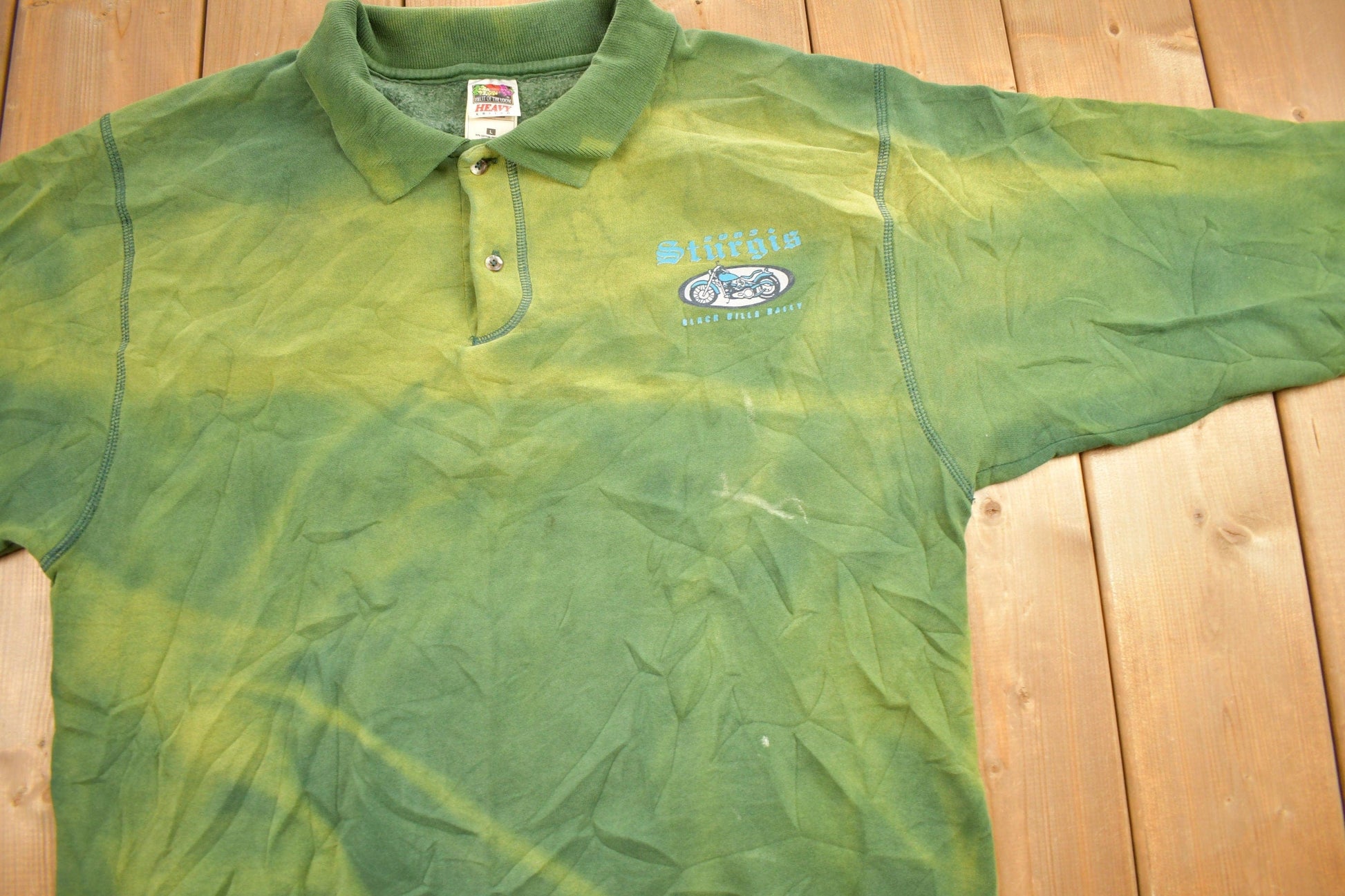 Vintage 1990s Sturgis Black Hills Rally Green Acid Wash Quarter Button Sweatshirt Men's Large from propervintagecanada