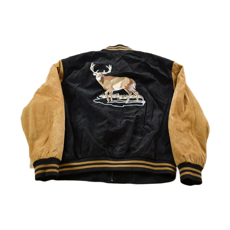 Vintage 1990s Suede Leather Embroidered Deer Bomber Jacket Men's XL from propervintagecanada