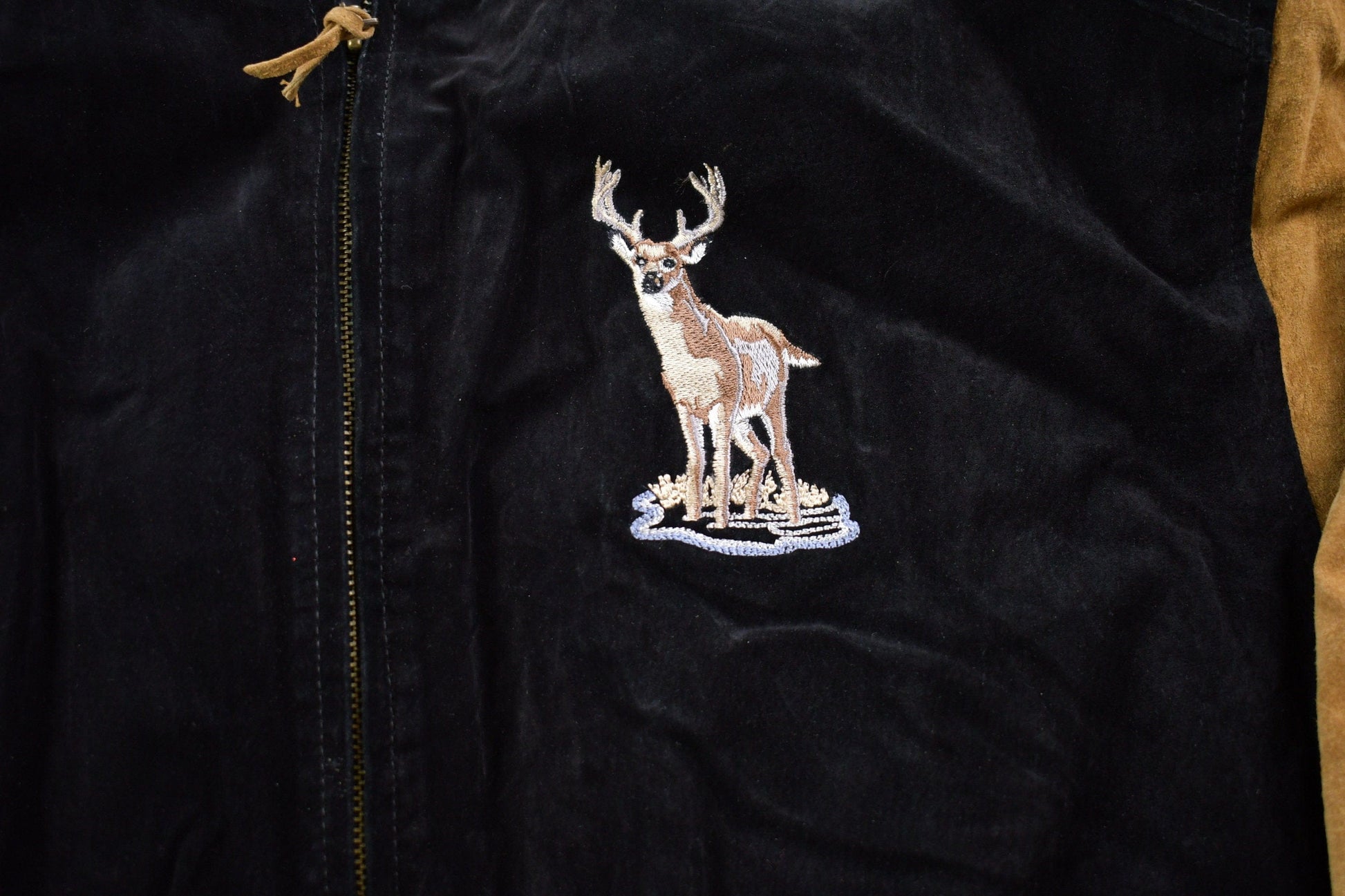 Vintage 1990s Suede Leather Embroidered Deer Bomber Jacket Men's XL from propervintagecanada