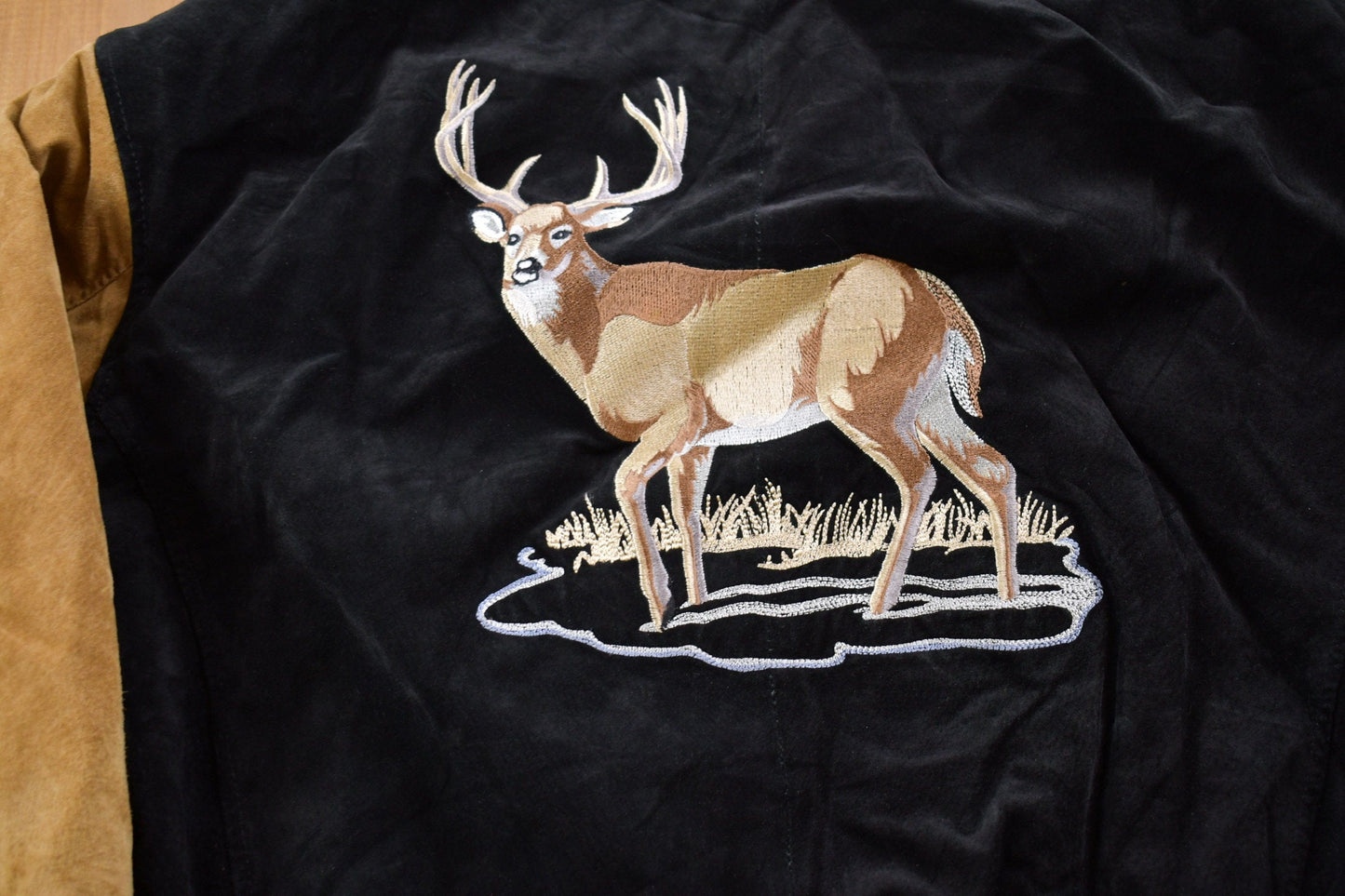 Vintage 1990s Suede Leather Embroidered Deer Bomber Jacket Men's XL from propervintagecanada