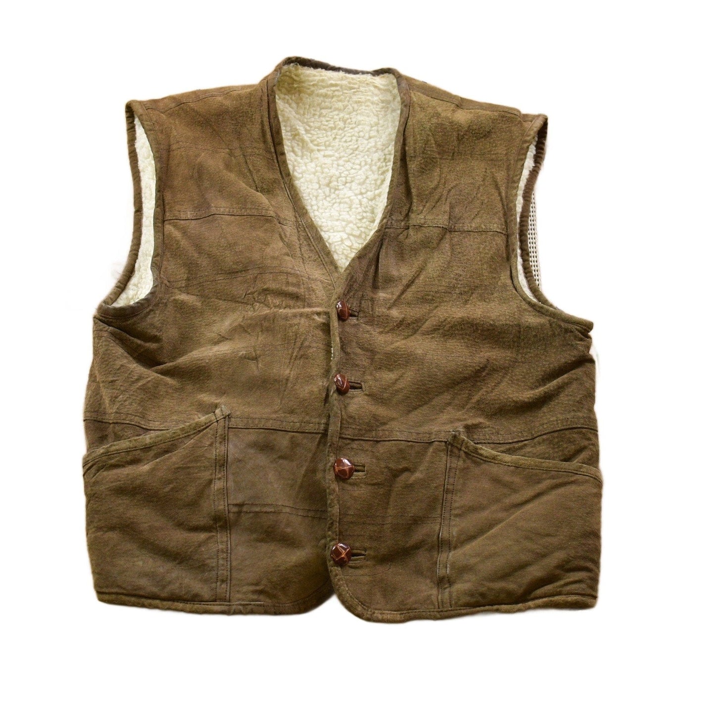 Vintage 1990s Suede Leather Sherpa Lined Vest Men's Medium from propervintagecanada