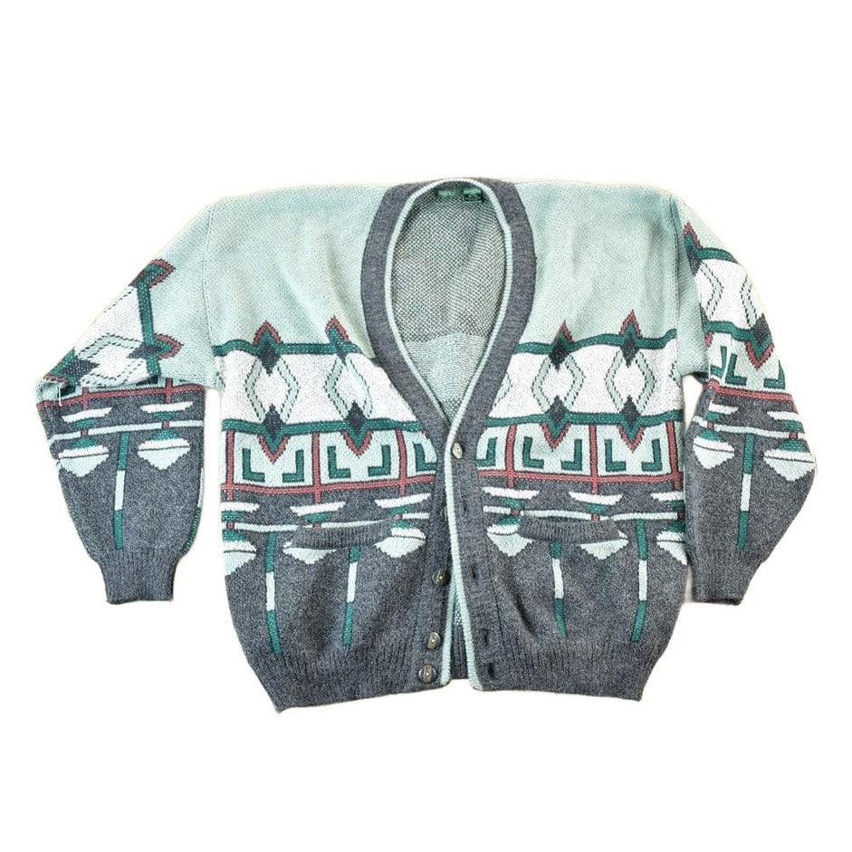Vintage 1990s Sundays Knit Abstract Pattern Cardigan Sweater Mens XL from propervintagecanada