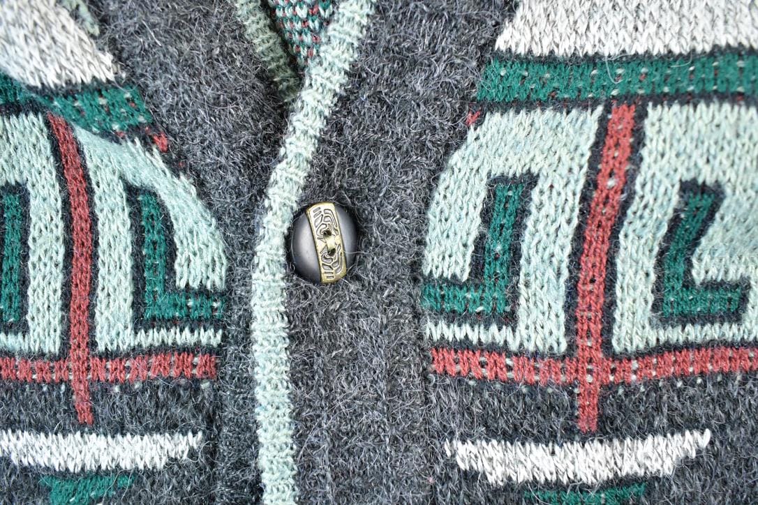 Vintage 1990s Sundays Knit Abstract Pattern Cardigan Sweater Mens XL from propervintagecanada