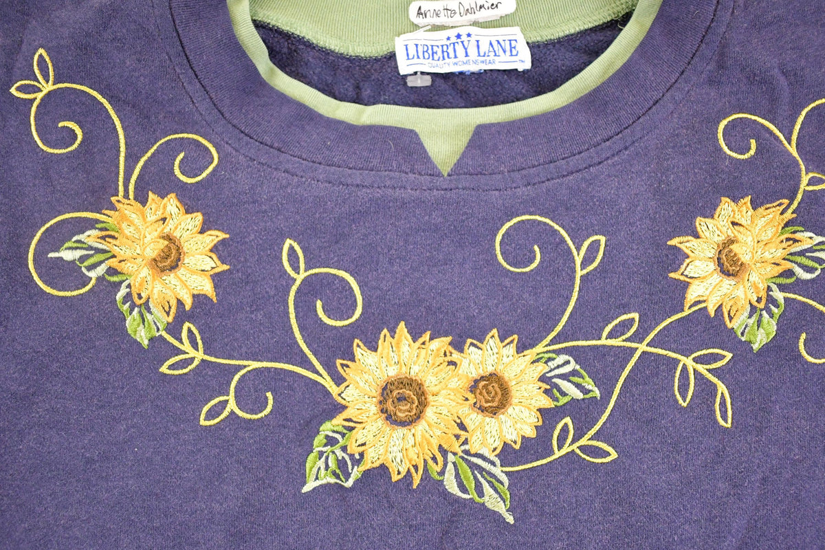Vintage 1990s Sunflowers Embroidered Liberty Lane Double Collar Souvenir Crewneck Sweatshirt Women's XXL from propervintagecanada