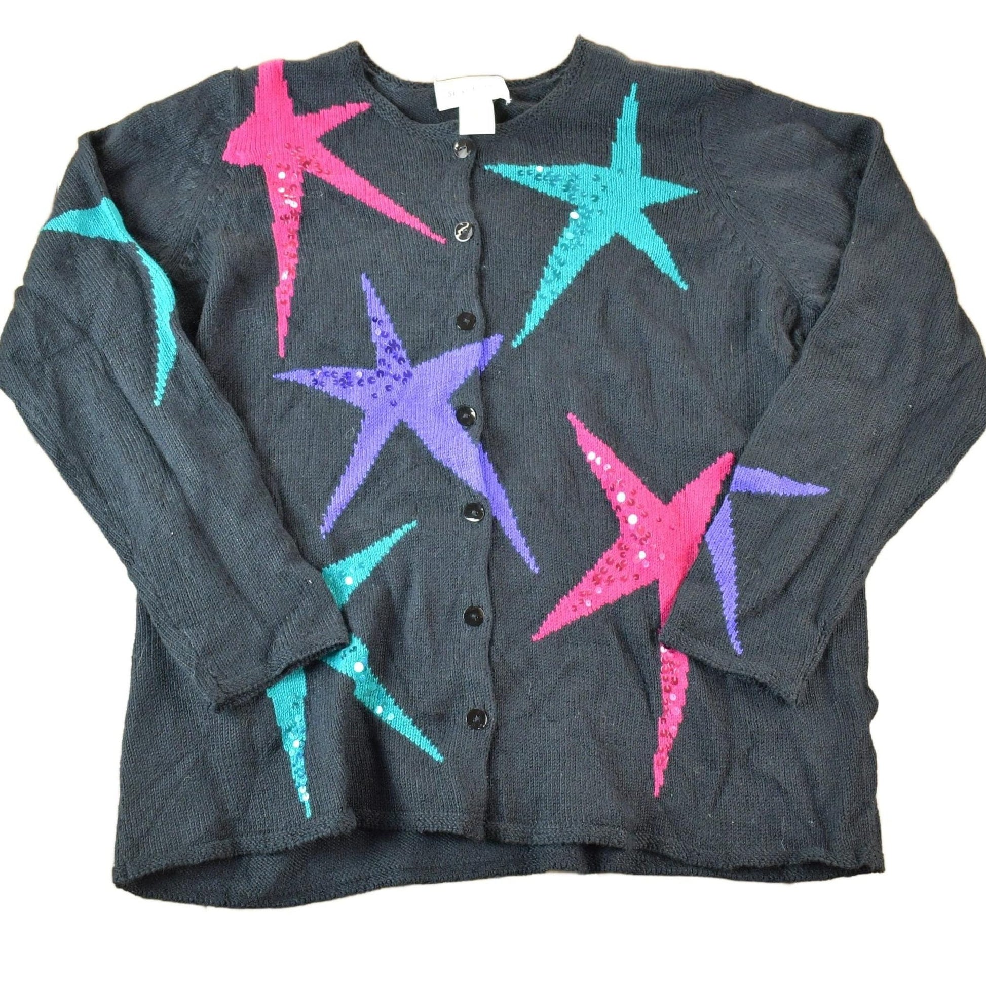 Vintage 1990s Susan Bristol Button Up Knit Sequin Star Pattern Crewneck Sweater Womens XL from propervintagecanada