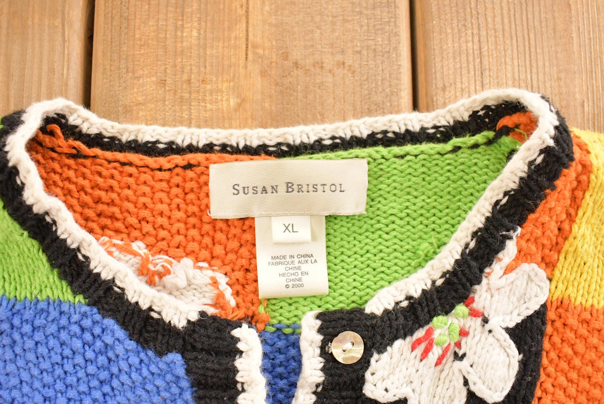 Vintage 1990s Susan Bristol Floral Knit Cardigan Sweater Women's L from propervintagecanada