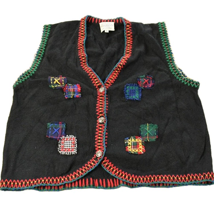 Vintage 1990s Susan Bristol Knit Cardigan Sweater Vest Women's M / Button Up / Patchwork / Hand Embroidered from propervintagecanada