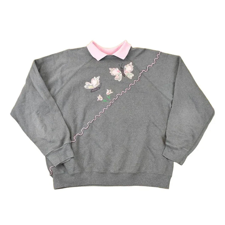 Vintage 1990s Sweats Appeal Embroidered Butterfly Collared Crewneck Sweatshirt Women's XXL from propervintagecanada