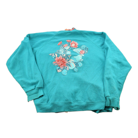 Vintage 1990s Sweats Appeal Turquoise Floral Cardigan Sweater Women's M from propervintagecanada
