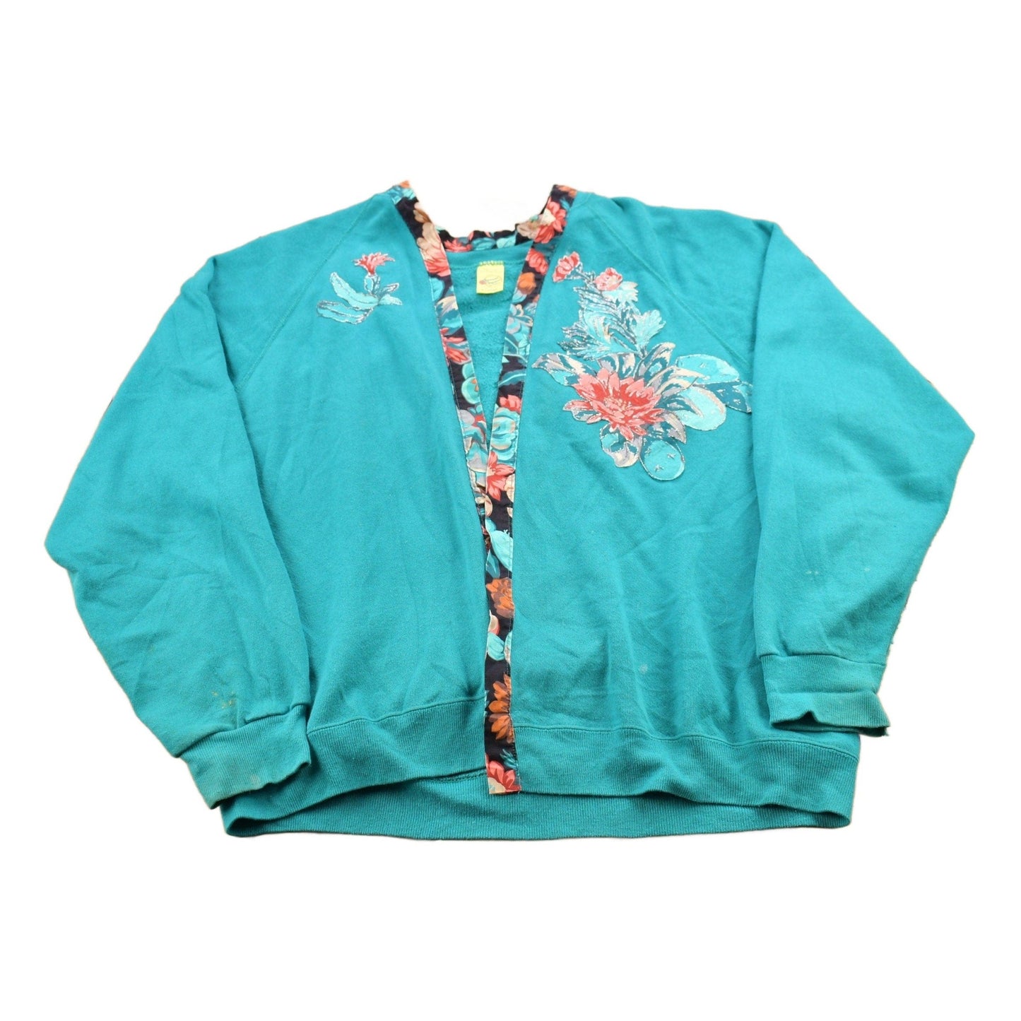 Vintage 1990s Sweats Appeal Turquoise Floral Cardigan Sweater Women's M from propervintagecanada