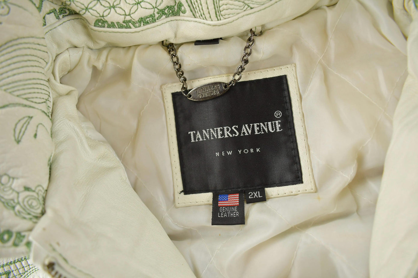 Vintage 1990s Tanners Avenue Leather Mosaic Bank Note 100 Dollar Bills Embroidered Bomber Jacket Men's Small from propervintagecanada