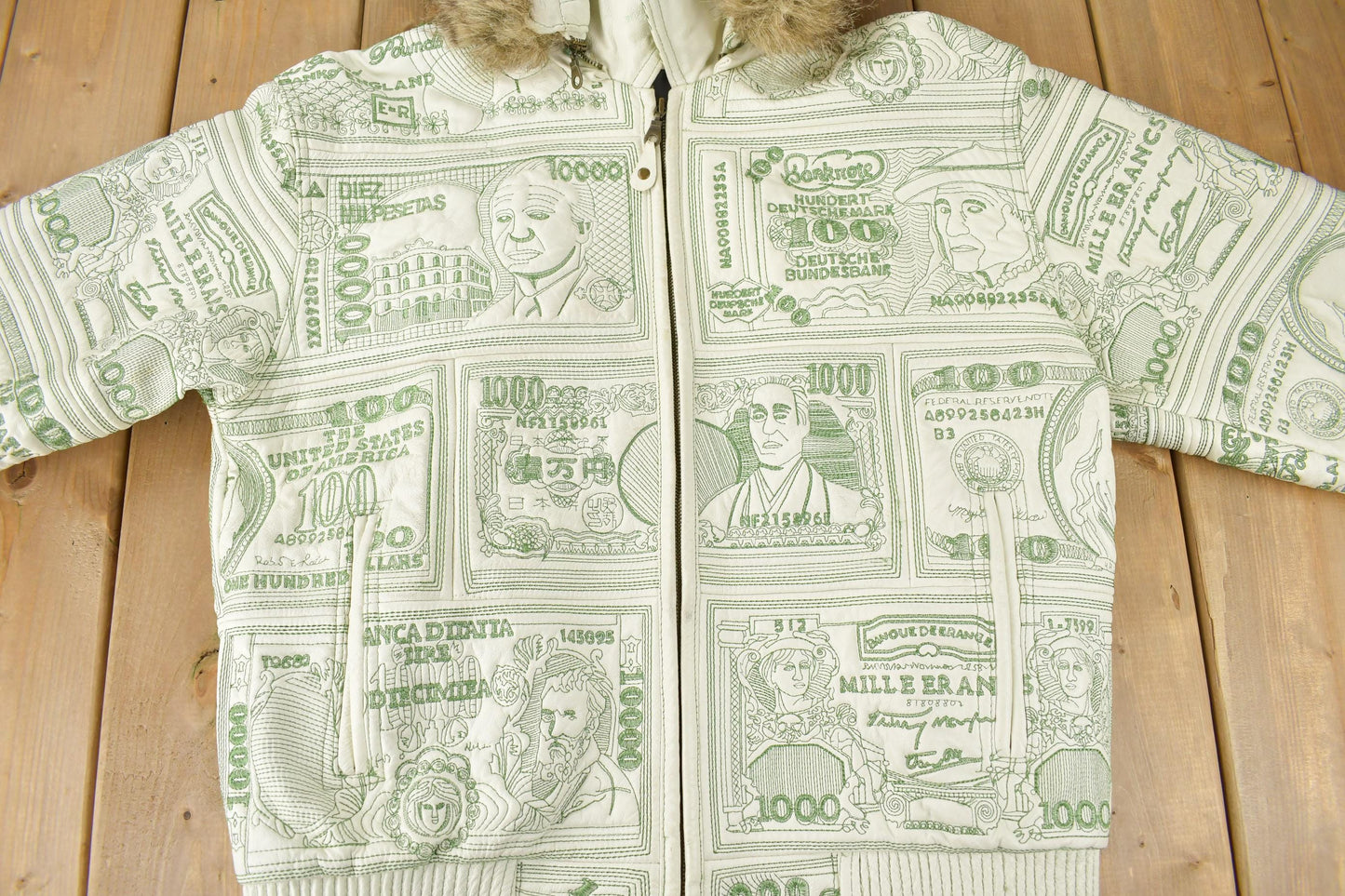 Vintage 1990s Tanners Avenue Leather Mosaic Bank Note 100 Dollar Bills Embroidered Bomber Jacket Men's Small from propervintagecanada
