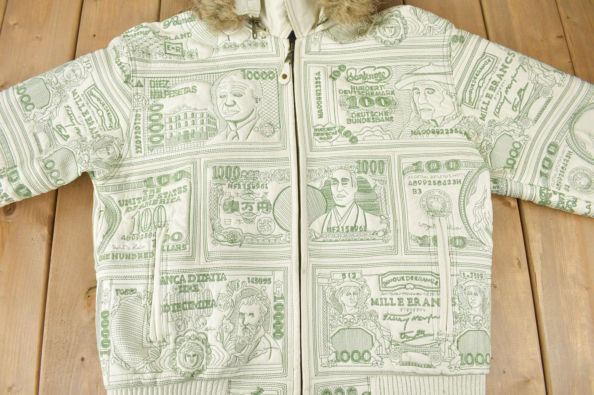 Vintage 1990s Tanners Avenue Leather Mosaic Bank Note 100 Dollar Bills Embroidered Bomber Jacket Men's Small from propervintagecanada