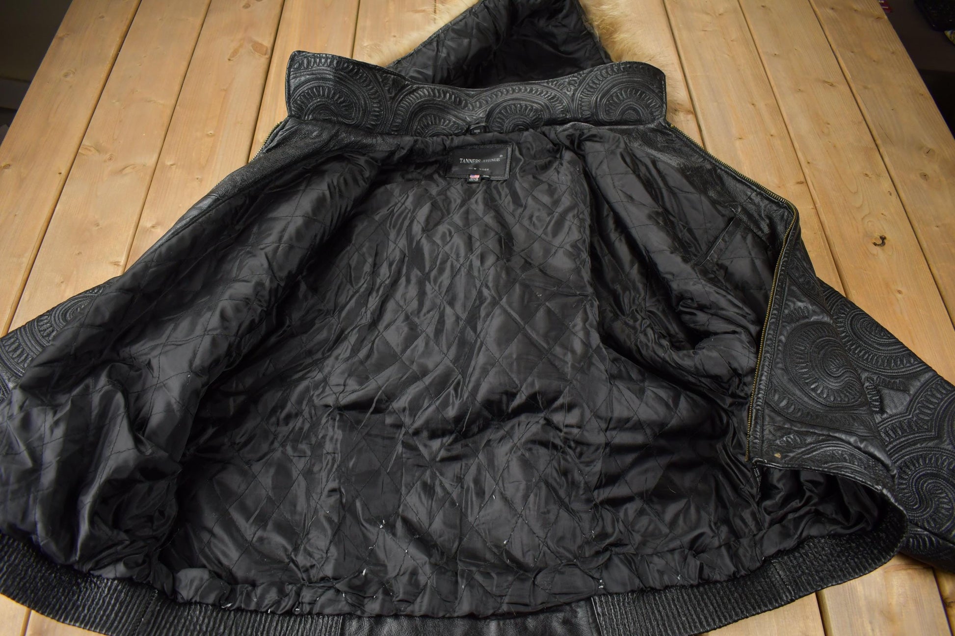 Vintage 1990s Tanners Avenue Leather Mosaic Embroidered Bomber Jacket Men's 3XL from propervintagecanada