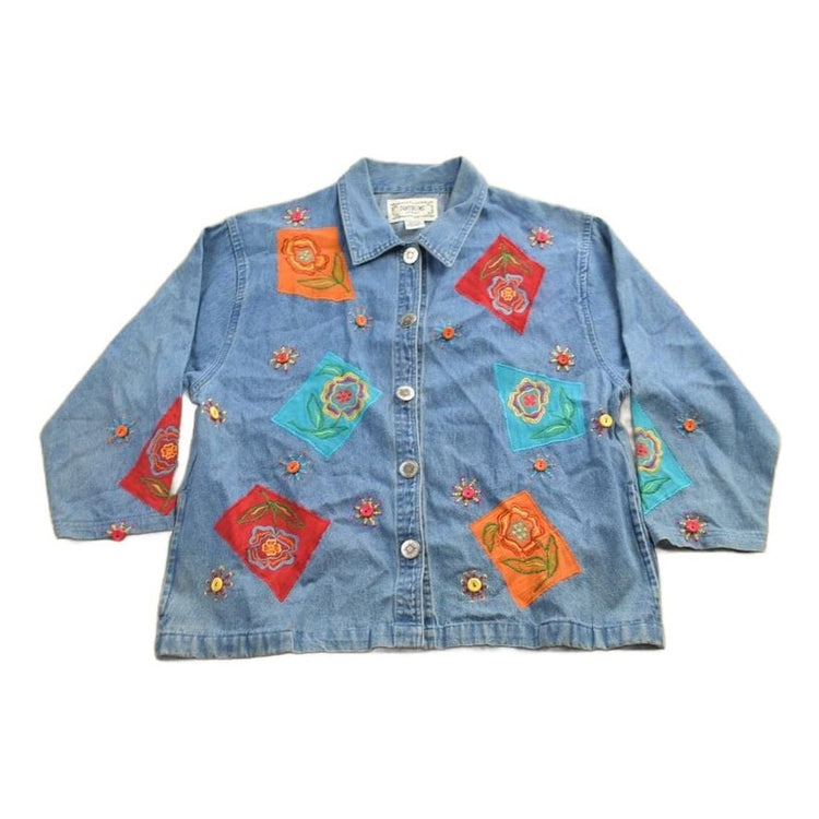 Vintage 1990s Tantrums Embroidered Jean Button Up Shirt Men's Large from propervintagecanada