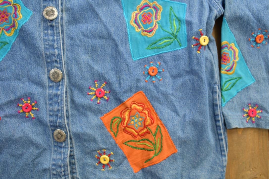 Vintage 1990s Tantrums Embroidered Jean Button Up Shirt Men's Large from propervintagecanada