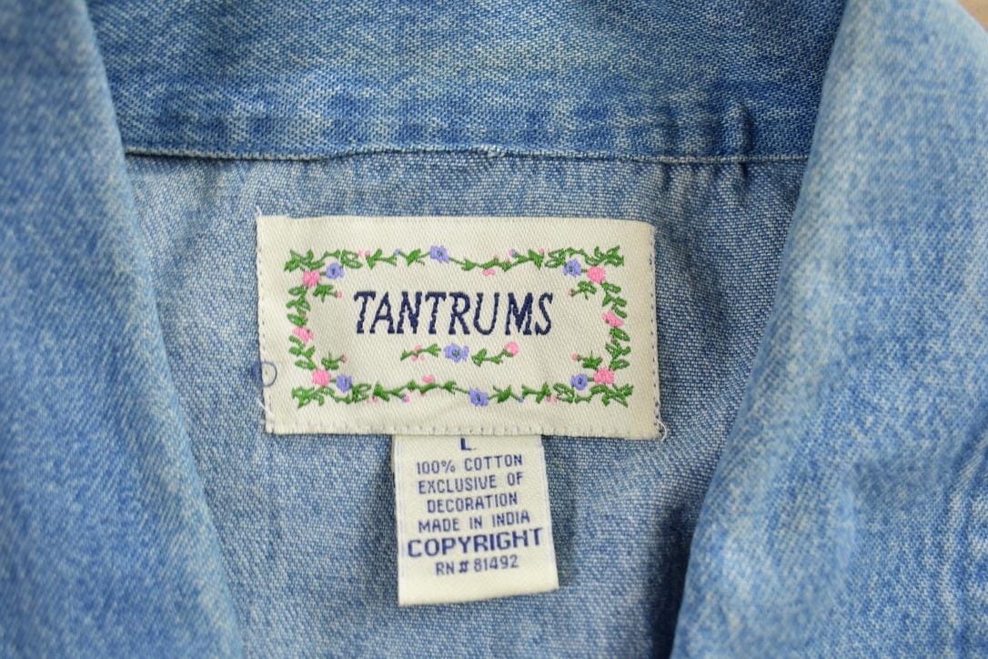 Vintage 1990s Tantrums Embroidered Jean Button Up Shirt Men's Large from propervintagecanada