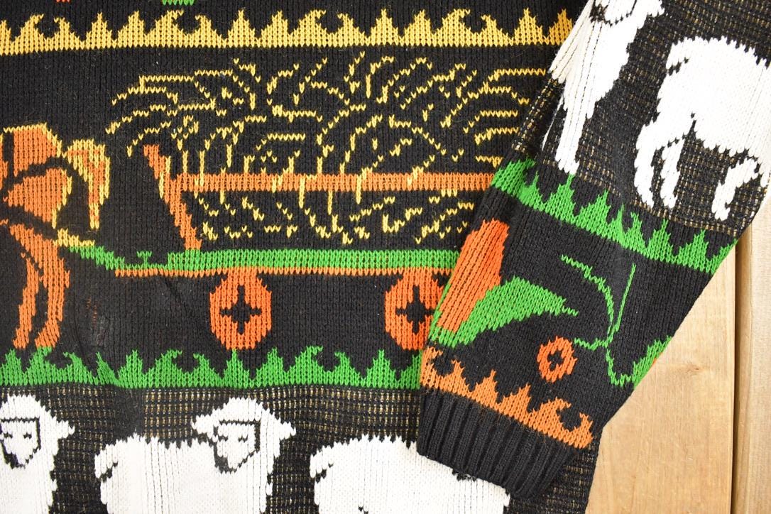 Vintage 1990s Teasers AOP Horse And Carriage Knit Crewneck Sweater Mens L / Abstract Pattern 3D Knitted Sweatshirt from propervintagecanada